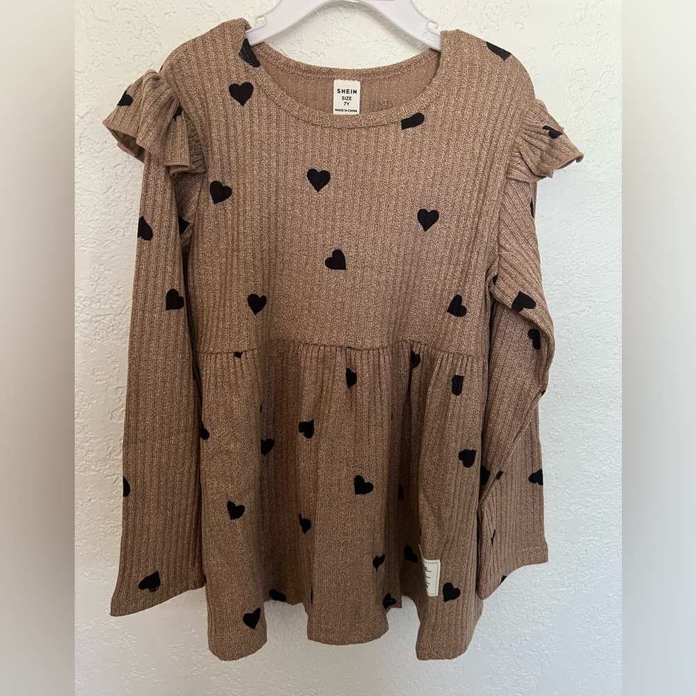 7-8 youth long sleeve ribbed ruffle poka dot shirt